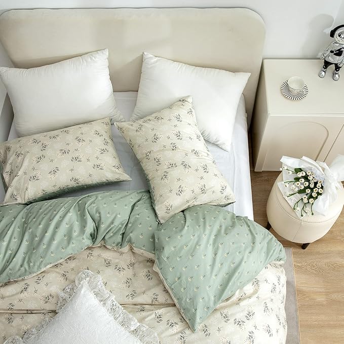 Cotton 3-Piece Twin Bedding Set - Reversible Floral Duvet Cover with Zipper Closure