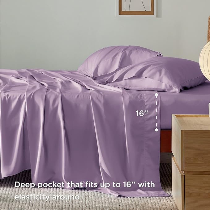 Bedsure King Size Sheets Set, Cooling Sheets for Hot Sleepers, Rayon Derived from Bamboo, Breathable & Soft, Deep Pocket Up to 16 Inches, Hotel Luxury Silky Bedding, Lilac