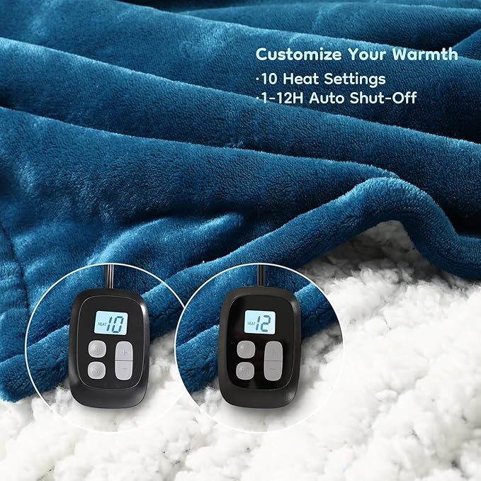 Electric Heated Blanket King Size - 90"x100", Soft Flannel Heating Blanket, 10 Heating Levels, 1-12 H Auto Shut Off, Breathable Warm and Washable for Bed, Lake Blue