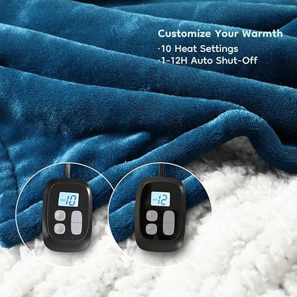 Electric Heated Blanket King Size - 90"x100", Soft Flannel Heating Blanket, 10 Heating Levels, 1-12 H Auto Shut Off, Breathable Warm and Washable for Bed, Lake Blue