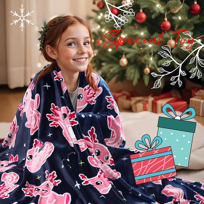 BORORO Glow in The Dark Axolotl Blanket - Pink Axolotl Gifts Toys for Kids Girls Ages 3-12 Years Old Birthday, Lightweight Soft Salamander Throw Blanket for Sofa Bed Camping Bedroom Decor 50x60 inch
