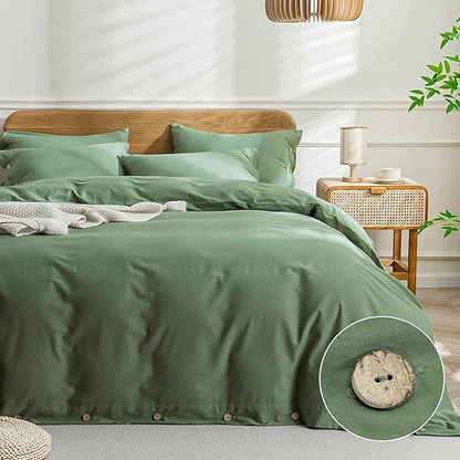 JELLYMONI Cotton Duvet Cover Twin XL Size - Green Comforter Cover with Button 100% Washed Cotton 2PCS Breathable Soft Solid Bedding Set Duvet Cover 66×92in & 1 Pillowcase (NO Comforter)
