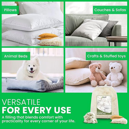 Bean Products Premium Kapok Fill | 5 lbs | 100% Organic Kapok Fiber | Chemical Free and Hypoallergenic | Perfect for Pillows, Pet Beds, Couches & More | Made in USA