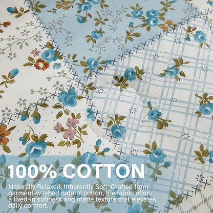Blue Floral Duvet Cover Set Full Size 100% Cotton Botanical Patchwork Vintage Bedding Quilt Cover All Season 3 Pieces Soft Lightweight Comforter Cover