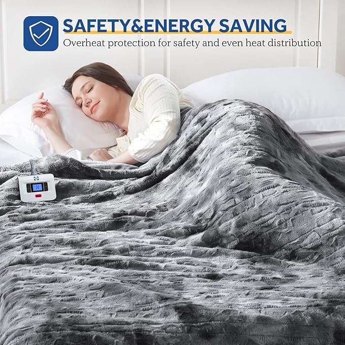 Sealy Electric Blanket Twin Size, Faux Fur & Flannel Fast Heated Blanket with 10 Heating Levels & 1-12 Hours Auto Off, Machine Washable, Grey, 62x 84 Inch