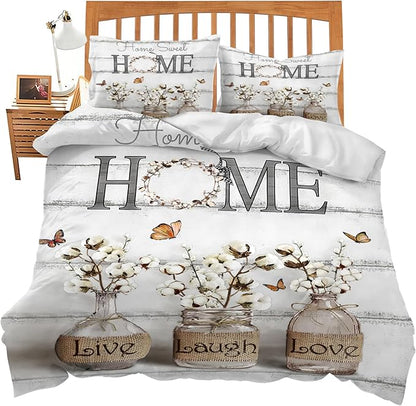 Cotton Flower Theme 3 Pieces Duvet Cover Comforter Set with 2 Pillowcase King Size White Floral Bed Sheet Quilt Bedroom Bedding for Lover Kids