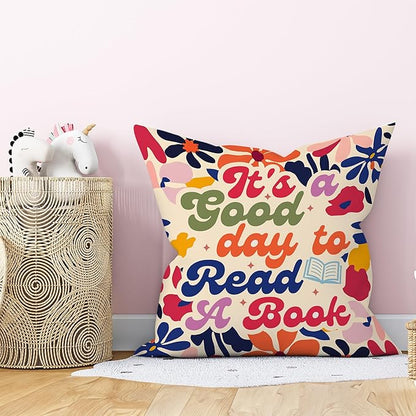 Vintage It's A Good Day to Read A Book Classroom Throw Pillow Covers, Floral Fall Reading Pillows Covers for Kids, Flower Pillow Cases Decor for Library Reading Nook Corner Couch 18x18in
