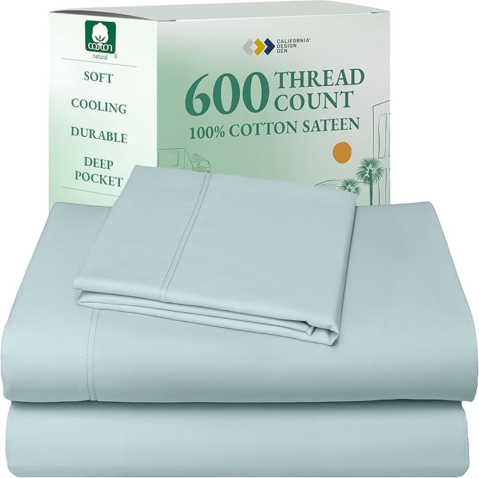 California Design Den Luxury Twin Sheet Set - 100% Cotton, 600 Thread Count Deep Pocket Twin Sheets, Soft Hotel-Quality Bedding with Sateen Weave - Seafoam