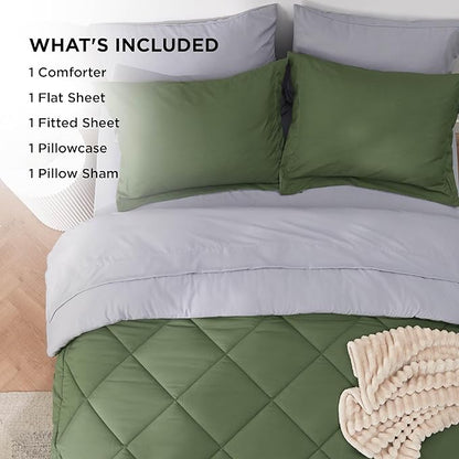 Bedsure Twin Size Comforter Set - 7 Pieces Reversible Olive Green Bedding, Twin Size Bed Set for All Seasons, Bed in a Bag with Down Alternative Comforter, Sheets, Pillowcase & Sham