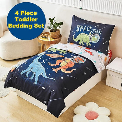 URBONUR 4 PCS Toddler Bedding Set for Boys Space Dinosaur Printed Toddler Comforter Set with Sheets Sets Ultra Soft Bed in a Bag 2-6 Year Old Toddler Bed-in-a-Bag Set