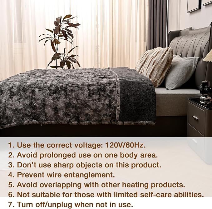 Bearhug Electric Blanket Queen Size, 84" x 90" Heated Blanket Dual Controllers, Faux Fur & Sherpa, 10 Heating Levels & 1-12H Auto Off, Over-Heat Protect, ETL, Machine Washable
