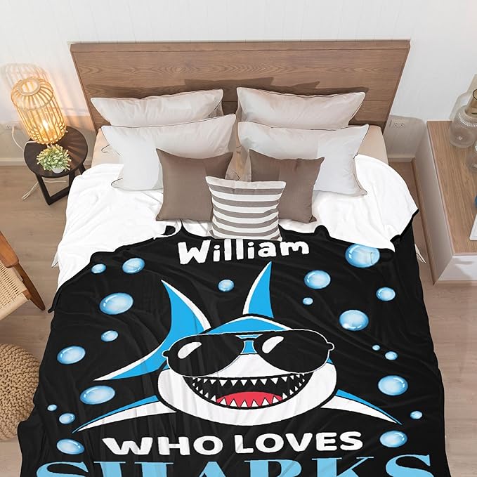 Custom Just A Boy Who Loves Sharks Blankets Gifts for Kids Adult On Bed Sofa,Personalized Premium Flannel Blankets for Birthday Christmas Thanksgiving All Season Use 90''x 120'' -XL