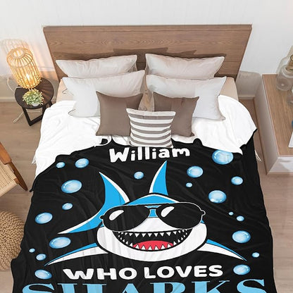 Custom Just A Boy Who Loves Sharks Blankets Gifts for Kids Adult On Bed Sofa,Personalized Premium Flannel Blankets for Birthday Christmas Thanksgiving All Season Use 60''x 80'' -L
