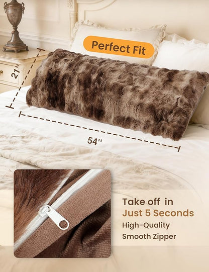 ZonLi Fluffy Faux Rabbit Fur Brown Body Pillow, Side Sleep Body Pillow with Washable Cover, Adjustable Memory Foam Fill，20x54 Long Pillow for Adults Girls & Kids