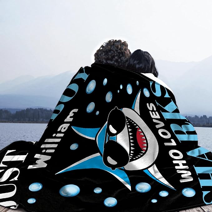 Custom Just A Boy Who Loves Sharks Blankets Gifts for Kids Adult On Bed Sofa,Personalized Premium Flannel Blankets for Birthday Christmas Thanksgiving All Season Use 60''x 80'' -L
