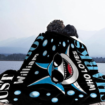 Custom Just A Boy Who Loves Sharks Blankets Gifts for Kids Adult On Bed Sofa,Personalized Premium Flannel Blankets for Birthday Christmas Thanksgiving All Season Use 60''x 80'' -L