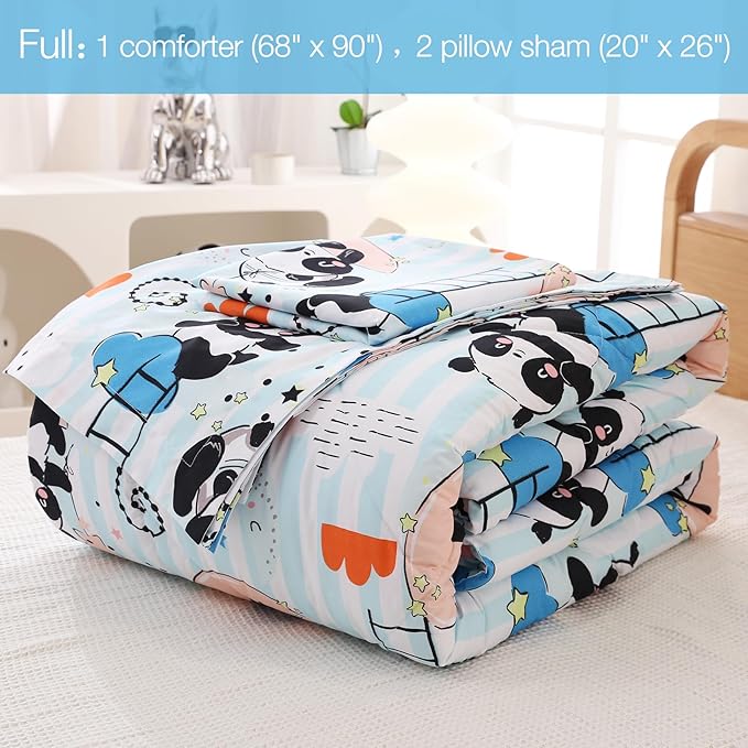 JSD Blue Panda Kids Comforter Set Full Size, 3 Piece Moon Microfiber Comforter with Pillow Shams, Machine Washable