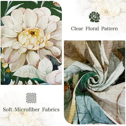 Drucon Floral Quilt Queen Size - 3 Pieces Green Quilt Botanical Bedspread Soft Lightweight Flower Bedding Set for All Season (96"x90")