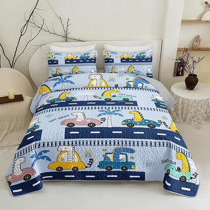 QOOMO Cartoon Car Quilt Set Full/Queen Size,Dinosaur Bedspread Coverlet Set,Vehicle 3Pcs Bedding Set Printed Quilt with 2 Pillowcases,Soft and Lightweight,for All Seasons