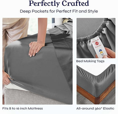 California Design Den King Size Sheet Set - Soft 400 Thread Count Sateen, Natural 100% Cotton Sheets, Deep Pockets with All-Around Elastic for a Snug Fit, Durable Bedding Set - Grey