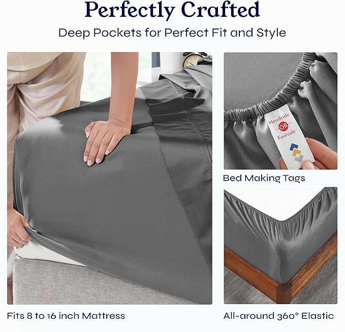 California Design Den 6-Pc King Size Sheet Set with 4 Pillowcases - Soft 400 Thread Count 100% Cotton Sheets, Sateen Weave, Deep Pocket Bedsheets Set - Grey