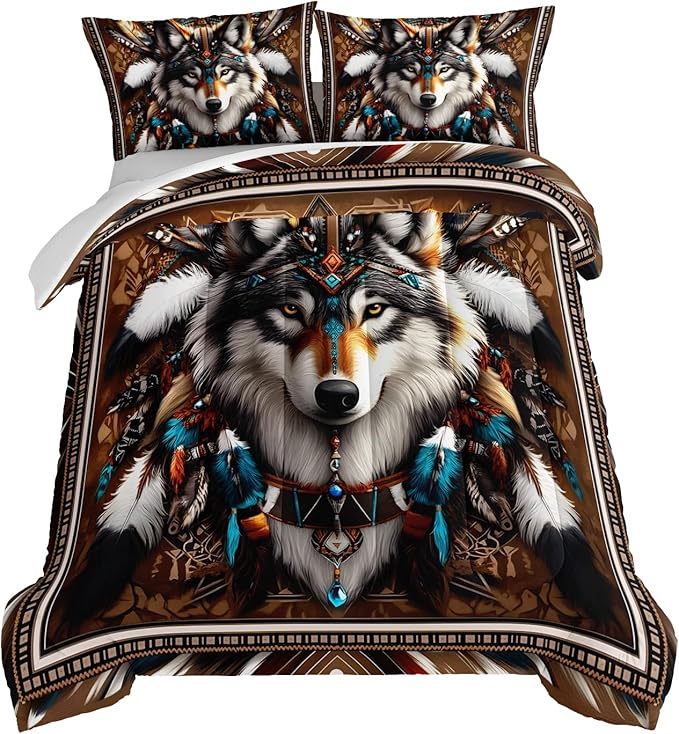 HOSIMA Wolf Queen Comforter Set,Tribe Decoration Print Animal Bedding for Teens Boys Room Decor,Lightweight Fluffy Dreamcatcher Feather Pattern Wolf Bedding Set for Kids with 2 Pillowcases.