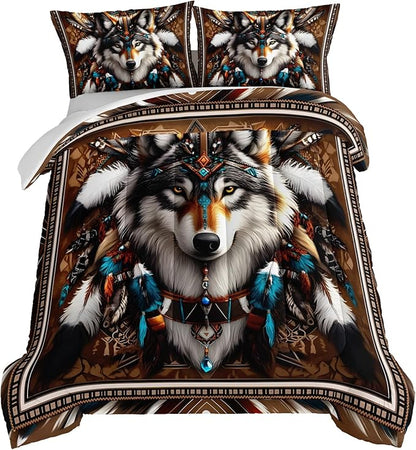 HOSIMA Wolf Queen Comforter Set,Tribe Decoration Print Animal Bedding for Teens Boys Room Decor,Lightweight Fluffy Dreamcatcher Feather Pattern Wolf Bedding Set for Kids with 2 Pillowcases.