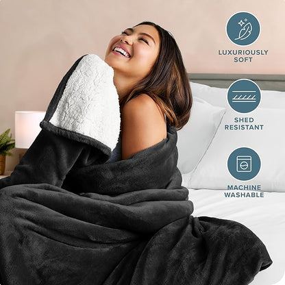 Bare Home Sherpa Fleece Blanket - Full/Queen Size - Blanket for Bed, Sofa, and Couch - Warm & Lightweight - Fluffy & Soft - Reversible (Full/Queen, Black)