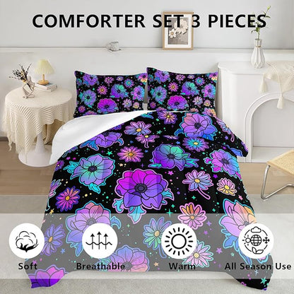 Axolotl Neon Floral Bedding Set King,Gradient Floral Comforter Set for Girls,Colorful Flower Bedding Stars,Galaxy Series Comforter for Kids Boys Girls Teens Adults,1 Quilt 2 Pillowcases,Black
