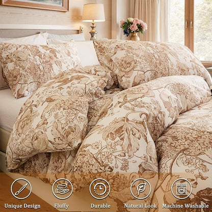Khaki Floral Duvet Cover Queen Size 100% Cotton Vintage Botanical Duvet Cover Set 3 Pcs Soft Flower Bedding Set Breathable and Lightweight