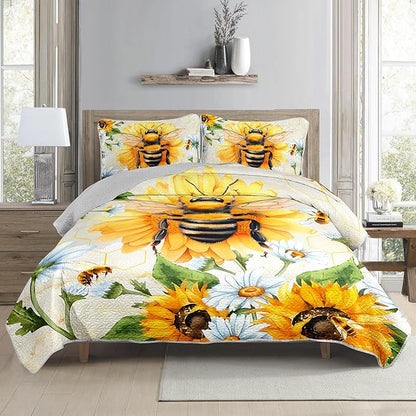 AILONEN Honey Bee Quilt Bedding Set Twin Size,Sunflower Bedspread Coverlet,3Pcs Soft Watercolor Yellow Bee & Floral Bed Cover(1 Quilt + 2 Pillowcases)
