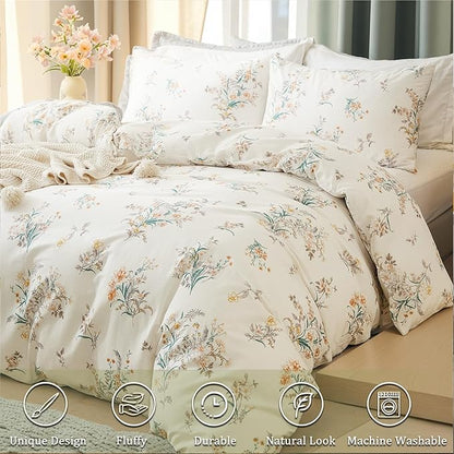Duvet Cover Set Queen Size Vintage Style Garden Floral Duvet Cover 100% Cotton 3 Pcs Chic Floral Comforter Cover with Zipper Botanical Coquette Duvet Cover Set Ultra Soft & Breathable