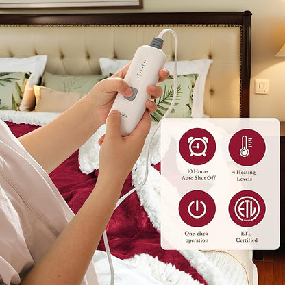 Electric Heated Blanket Flannel & Sherpa 72"x84" Full Size - 4 Heat Levels, 10H Auto Shut Off, Fast Heating, Cozy and Comfortable, Warm Gifts, Machine Washable - Red