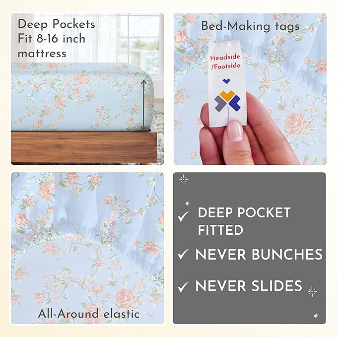 California Design Den Floral Pattern King Size Sheets Set - 400 Thread Count, Natural 100% Cotton, Soft Sateen Weave, Deep Pocket King Sheets, and Durable Bedding Set - Antique Rose