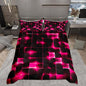 Castle Fairy Geometric Bedding Set Twin Size,3D Abstract Modern Square Grid Print Comforter Cover Set for Kids Girls,Shiny Pink Neon Light Black Bedding Quilt Cover Set Bedroom Decor, 2 Pcs