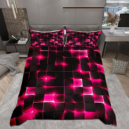 Castle Fairy Geometric Duvet Cover Set Full Size,3D Abstract Modern Square Grid Print Comforter Cover with 2 Pillowcases,Shiny Pink Neon Light Black Breathable Bedspread for Boys Teens