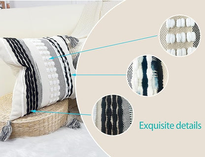 Boho Throw Pillow Covers 18x18 Aesthetic Neutral Boucle Couch Pillow Cover Rainbow Striped Decorative Accent Pillow Case for Couch Bed Sofa Farmhouse,Modern Funky,Set of 2 Black and White