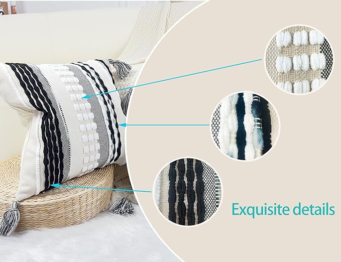 Boho Throw Pillow Covers 16x16 Aesthetic Neutral Boucle Couch Pillow Cover Rainbow Striped Decorative Accent Pillow Case for Couch Bed Sofa Farmhouse,Modern Funky,Set of 2 Black and White