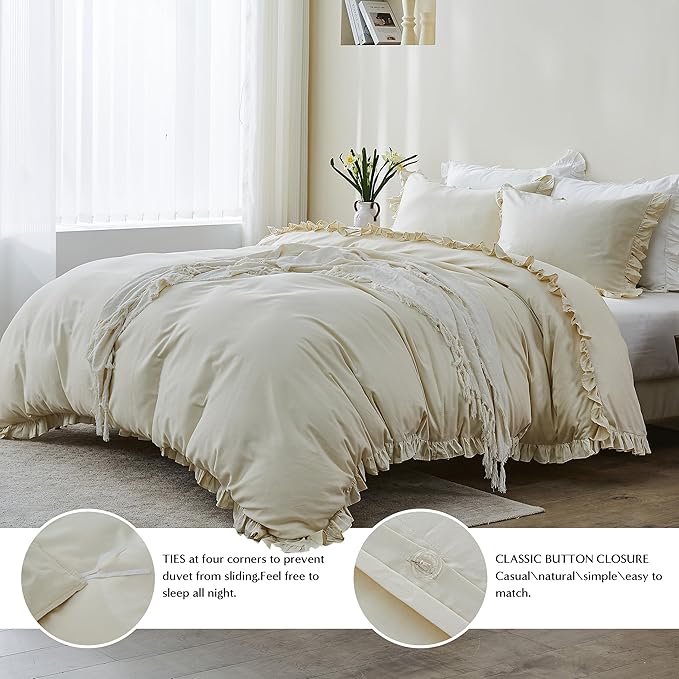 Simple&Opulence Kids 100% Organic Cotton Full Duvet Cover Ruffle 3Pcs(1 Comforter Cover 2 Pillowcases) Cute Lace Vintage Boho Shabby Chic Farmhouse Bedding Set Teen Girls(Beige, Full)