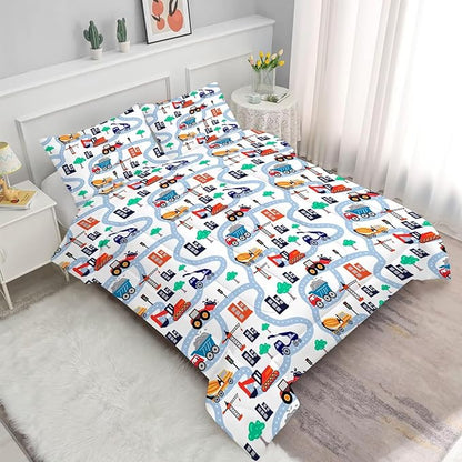 Construction Comforter Set Full: Cartoon Cars Comforter Set for Boys Kids Teen Children White Truck Bedding Bedroom Dorm Quilt 1 Comforter + 2 Pillow Cases