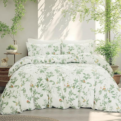 Floral Duvet Cover King Size 100% Cotton Reversible Green Floral Duvet Cover Set with Zipper Closure 3 Pcs Green Leaf Soft & Breathable Bedding Comforter Cover
