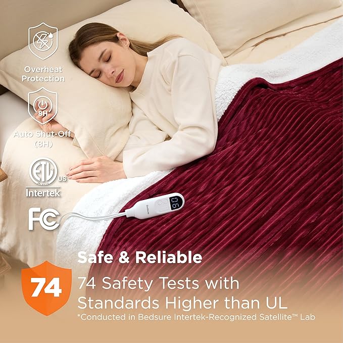 Bedsure GentleSoft Electric Blanket Twin - Soft Ribbed Flannel Heated Blanket, Heating with 10 Time Settings, 6 Heat Settings, and 8 hrs Timer Auto Shut Off, Gifts for Grandma (62x84 inches, Burgundy)