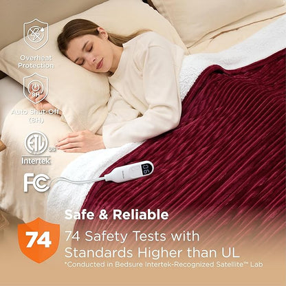 Bedsure GentleSoft Electric Blanket Twin - Soft Ribbed Flannel Heated Blanket, Heating with 10 Time Settings, 6 Heat Settings, and 8 hrs Timer Auto Shut Off, Gifts for Grandma (62x84 inches, Burgundy)