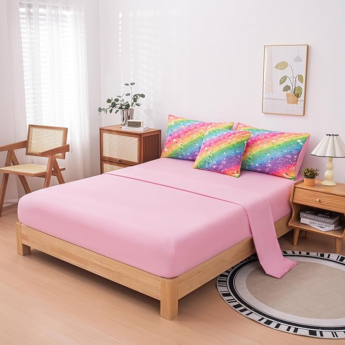 MWMWMW 6 Pcs Girls Twin Comforter Set, Colorful Rainbow Galaxy Bedding Sets, Twin Bedding Sets for Girls Kids with 1 Comforter, 1 Flat Sheet, 1 Fitted Sheet, 1 Pillow Cover, 2 Pillowcases