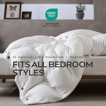 JELLYMONI Washed Cotton Duvet Cover - Off White, Oversized Queen Size 98x98 Inches, 3-Piece Bedding Set with Button Closure, Includes 1 Duvet Cover & 2 Pillowcases (Comforter Not Included)