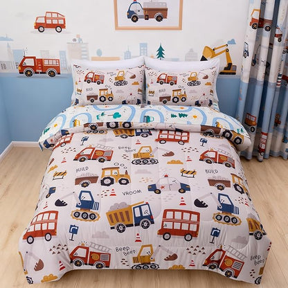 NTBED 5 Pieces Construction Twin Comforter Set for Boys Kids Fire Truck Vehicles Excavator Lightweight Microfiber Bedding Sets