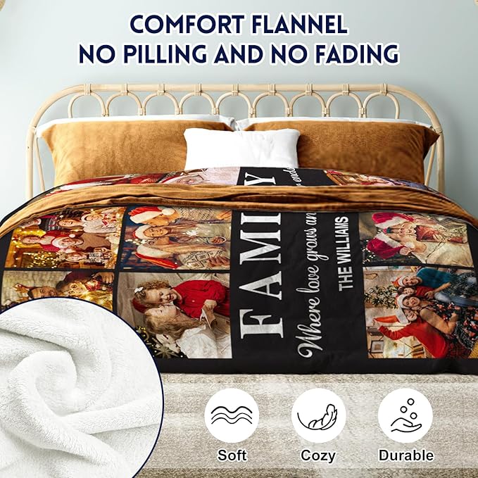 Yoke Style Ships Next Day, Custom Photo Blanket on Christmas for Family, Printed in USA - Customizable Picture Blanket Personalized New Year Gifts for Women Men Couples Mom Dad Wife Friends