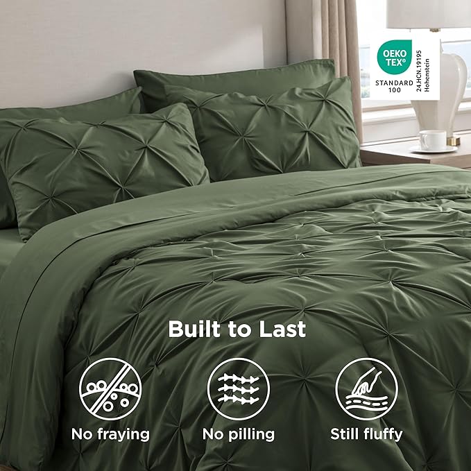 Bedsure Oversized King Comforter Set Olive Green - Bed in a Bag Bedding Set 7 Pieces, GentleSoft™ Pintuck Bed Set Gift for Family, Pinch Pleat Olive Green Comforter with Sheets, Pillowcases & Shams