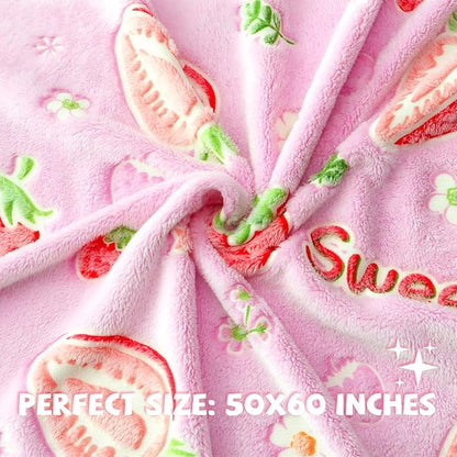 REXEO Flannel Throw Blanket, 50 x 60in, Glow in The Dark, Fluorescent Strawberry, Lightweight, Fiber Plush, for Girls Kids, Birthday Christmas Gifts