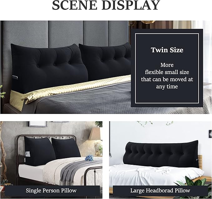 Johnear Wedge Headboard Large Bolster Pillow Reading Pillows for Sitting in Bed Adult， Velvet Triangular Cushion Backrest Lumbar Back Support Upholstered Daybed Sit Up Book Pillows（Black, King）